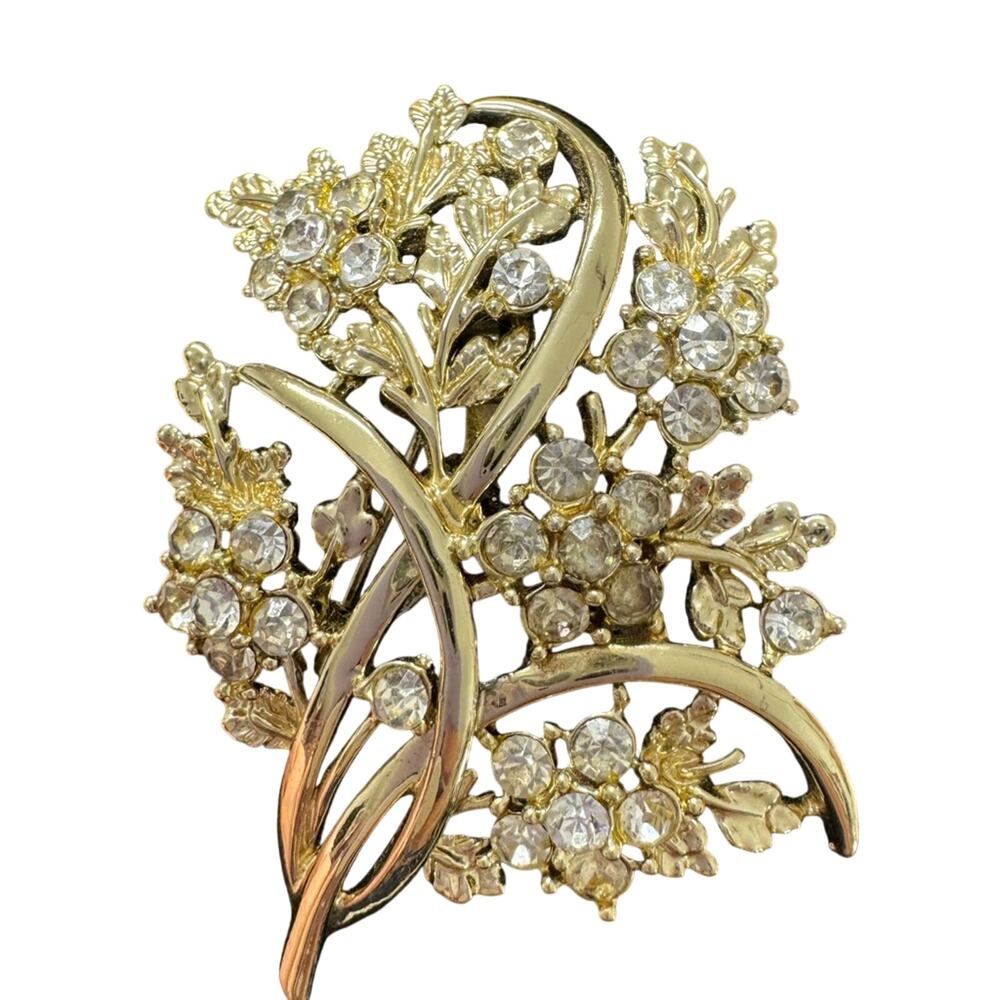 Vintage Gold Tone Rhinestone Brooch Estate Jewelry Pin Floral Cluster